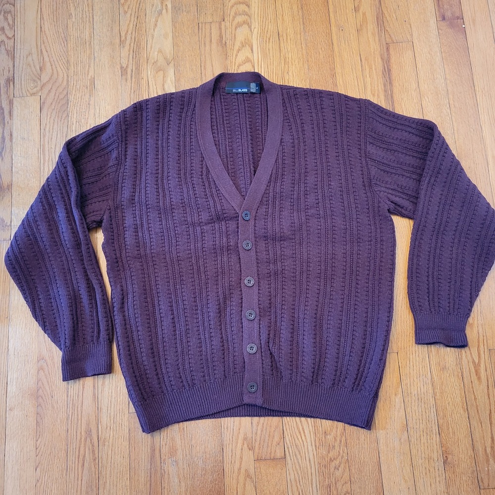 Bill Blass Maroon Button Up Cardigan Sweater L Cotton Ribbed‎ Knit Grandpacore